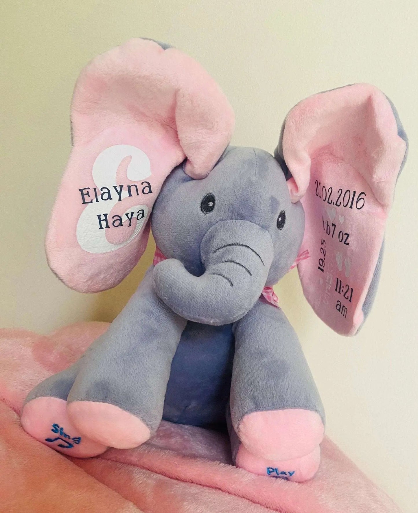 Musical Pink Birth Stat Elephant-Limited Edition - Pixel Parrot Design