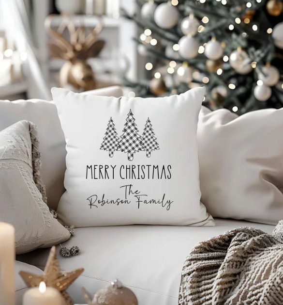 Plaid Christmas Tree Family Name Pillow Case Cover | Personalized Gift I Christmas Decor - Pixel Parrot Design